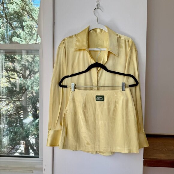 Daily Drills Silky Set Resort Button Down Long Sleeve Top Skirt Butter Yellow - Picture 3 of 14